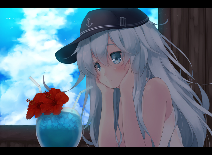 alternate_costume black_hat blue_eyes cloud cloudy_sky commentary_request day drink drinking_straw female flat_cap flower gengetsu_chihiro hair_between_eyes hat hibiki_(kancolle) kantai_collection letterboxed long_hair photoshop_(medium) red_flower sky smile solo white_hair