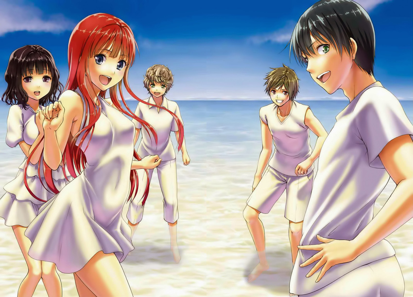 2girls 3boys :d akizuki_maria amano_reiko aonuma_shun asahina_satoru beach black_hair blue_eyes brown_eyes brown_hair cloud cloudy_sky collarbone covered_navel day dress floating_hair green_eyes grin hair_between_eyes hand_on_own_hip highres itou_mamoru layered_dress long_hair looking_at_viewer looking_back multiple_boys multiple_girls ocean official_art oikawa_tooru open_mouth outdoors purple_eyes red_hair shin_sekai_yori shirt short_dress short_sleeves shorts sky sleeveless sleeveless_dress sleeveless_shirt smile standing sundress wading water white_dress white_shirt white_shorts