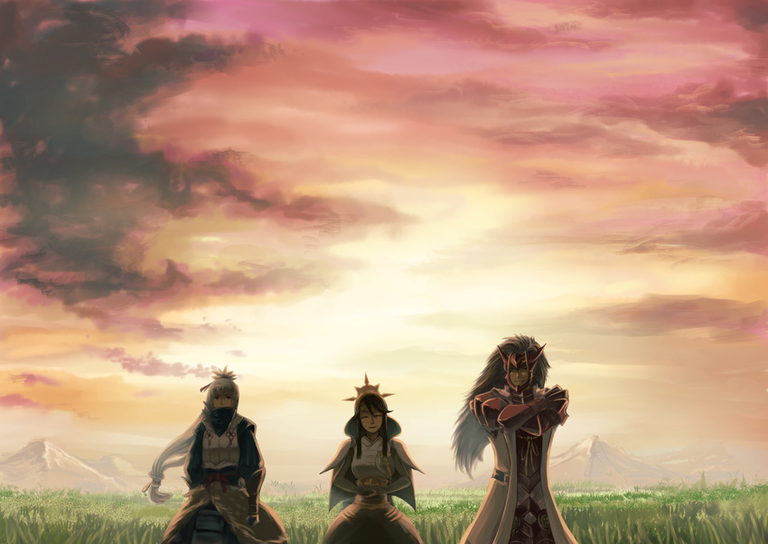 2boys armor black_hair breasts brothers capelet carlmary closed_eyes cloud coat commentary_request covered_mouth dress elbow_gloves female fire_emblem fire_emblem_fates gloves grass grasslands hair_ornament highres long_coat long_hair looking_at_viewer mask mikoto_(fire_emblem) mole mother_and_son mountain multiple_boys orange_sky outdoors ponytail red_armor ryoma_(fire_emblem) siblings sidelocks sky smile sunset takumi_(fire_emblem) undershirt very_long_hair white_coat white_dress white_gloves