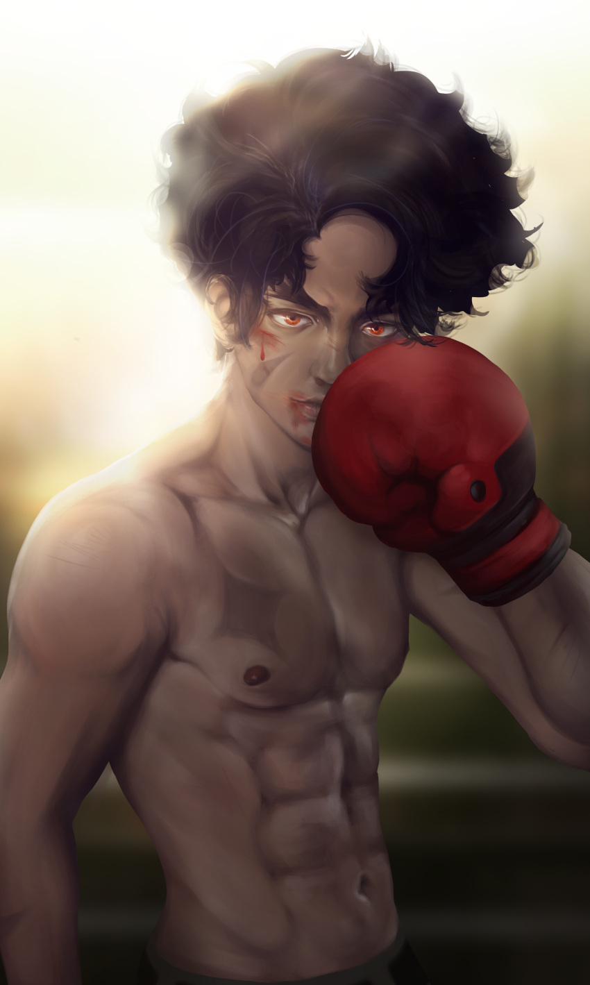 1boy abs absurdres aki! black_hair blood blood_on_face blurry blurry_background boxing_gloves commentary_request gloves hand_up highres joe_(megalo_box) looking_at_viewer male_focus megalo_box navel nipples pectorals red_gloves scarf solo standing topless_male