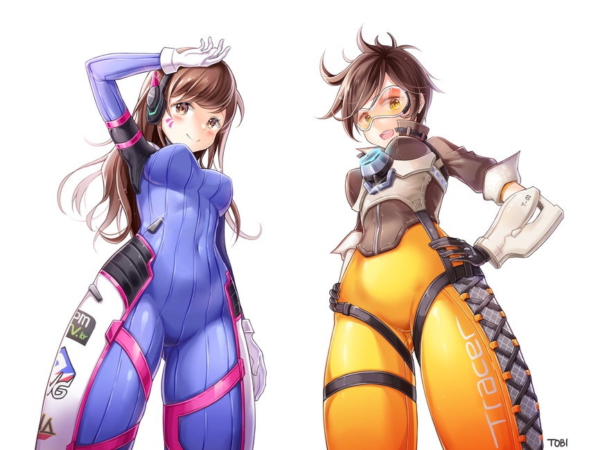 2girls :d arm_at_side arm_up artist_name bad_id bad_pixiv_id blush bodysuit bomber_jacket breasts brown_eyes brown_hair character_name closed_mouth clothes_writing covered_navel cowboy_shot cross-laced_clothes d.va_(overwatch) eyebrows facepaint facial_mark from_below gloves glowing goggles hands_on_own_hips headphones jacket legs_apart long_hair looking_at_viewer looking_down medium_breasts multiple_girls open_mouth orange_bodysuit orange_goggles overwatch overwatch_1 pilot_suit short_hair simple_background skin_tight smile swept_bangs thigh_strap tobi_(mue86) tracer_(overwatch) whisker_markings white_background white_gloves