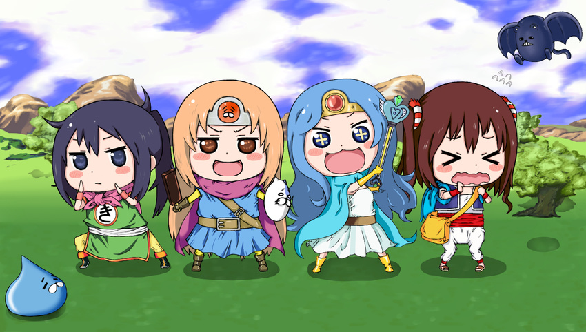 >_< +_+ 4girls :3 :d aqua_hair black_eyes black_hair blonde_hair blue_eyes blush_stickers boots brown_eyes brown_hair cape chibi circlet commentary_request cosplay day doma_umaru dragon_quest dragon_quest_iii ebina_nana fighter_(dq3) fighter_(dq3)_(cosplay) flying_sweatdrops food fuefukipiyohiko gloves heroine_(dq3) himouto!_umaru-chan looking_at_viewer merchant_(dq3) merchant_(dq3)_(cosplay) monk motoba_kirie multiple_girls open_mouth outdoors parody popsicle roto_(dq3) roto_(dq3)_(cosplay) sage_(dq3) sage_(dq3)_(cosplay) serious shield slime_(dragon_quest) smile tachibana_sylphynford tree twintails v-shaped_eyebrows wavy_mouth