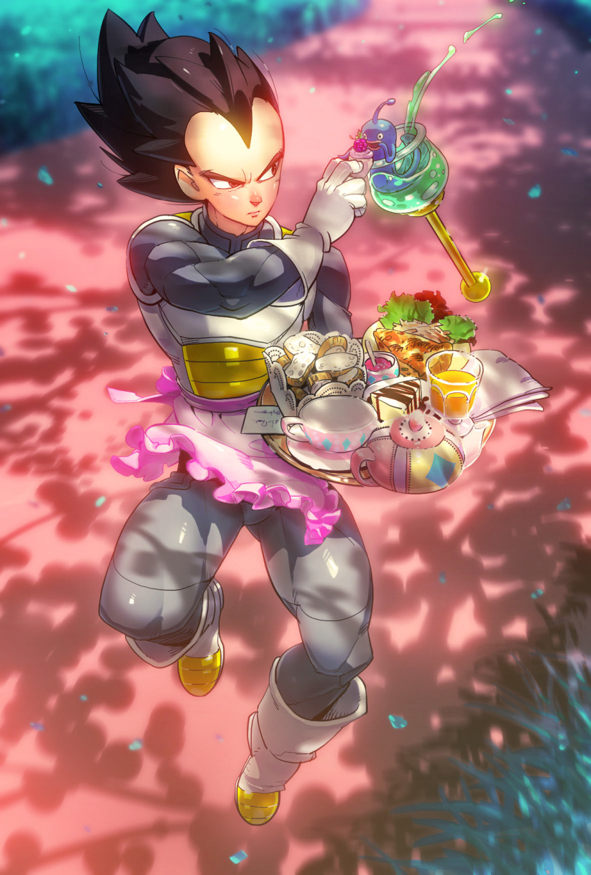 1boy apron armor bad_id bad_pixiv_id berry black_eyes black_hair boots bread cake chocolate_cake commentary_request cup dappled_sunlight day dessert dragon_ball dragon_ball_super dragon_ball_z expressionless fish fish_tank floating food glass gloves grass highres juice lettuce male_focus napkin open_mouth orange_juice outdoors pie saiyan_armor serious short_hair spiked_hair sunlight supobi teacup teapot tray vegeta yogen-gyo