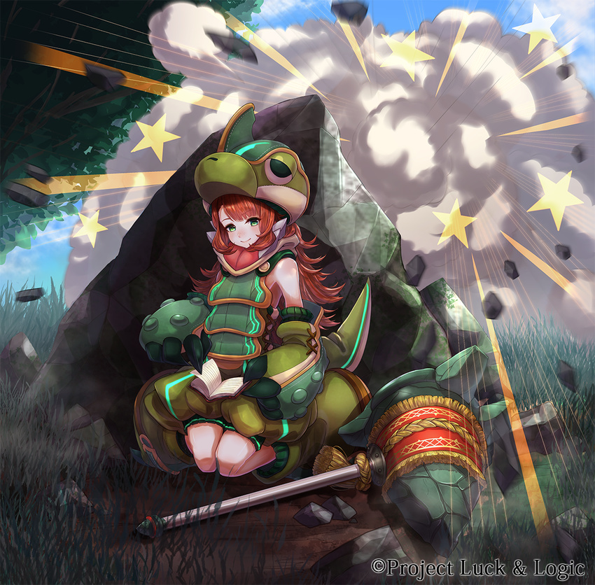 animal_hat ashley_bradbury bad_id bad_pixiv_id blue_sky boulder brown_hair commentary_request copyright_name day female fight_cloud grass green_eyes hammer hat kneeling kt._(kaisou-notagui) long_hair luck_&_logic official_art outdoors rock sky smile solo star_(symbol) tail tree