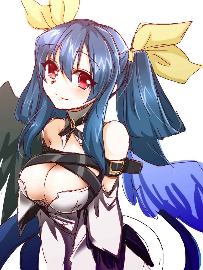 asymmetrical_wings belt blue_hair breasts cleavage commentary_request detached_sleeves dizzy_(guilty_gear) feathered_wings female guilty_gear guilty_gear_xrd hair_ribbon hair_rings highres large_breasts long_hair long_sleeves red_eyes ribbon ryuuri_(aoithigo) solo twintails wings yellow_ribbon