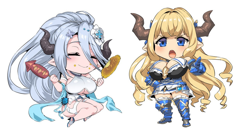 2girls bare_shoulders blonde_hair blue_eyes blue_hair blush breasts chibi closed_eyes commentary_request draph dress food food_on_face full_body granblue_fantasy horns huge_breasts izmir izmir_(summer)_(granblue_fantasy) long_hair multiple_girls obui official_alternate_costume open_mouth pointy_ears razia simple_background smile standing very_long_hair white_background