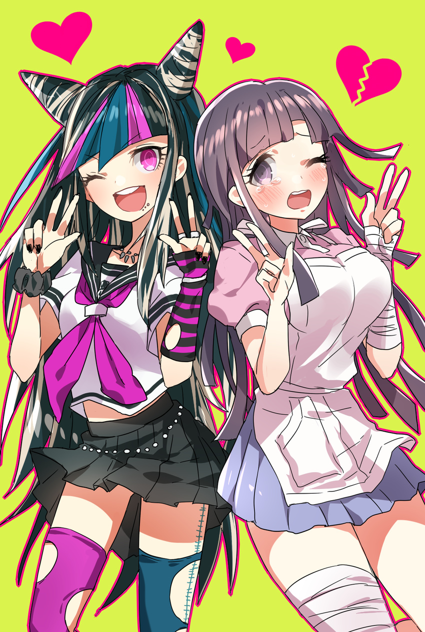 2girls black_skirt blush breasts broken_heart check_commentary commentary commentary_request danganronpa_(series) danganronpa_2:_goodbye_despair hair_horns heart highres juuroku_anna large_breasts long_hair medium_breasts mioda_ibuki multiple_girls one_eye_closed open_mouth pleated_skirt simple_background skirt tears thighhighs tsumiki_mikan v