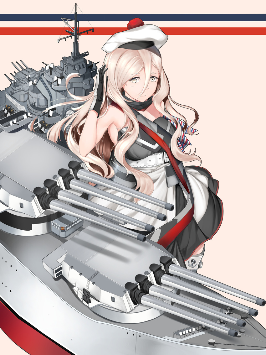 absurdres armpits beret black_gloves blonde_hair breasts cannon chiyo_goya commentary dress female gloves grey_eyes hair_between_eyes hat highres kantai_collection large_breasts long_hair looking_at_viewer machinery mole mole_under_eye multicolored_background pom_pom_(clothes) richelieu_(kancolle) rigging smile solo strapless strapless_dress turret very_long_hair wavy_hair white_gloves white_hat yellow_eyes