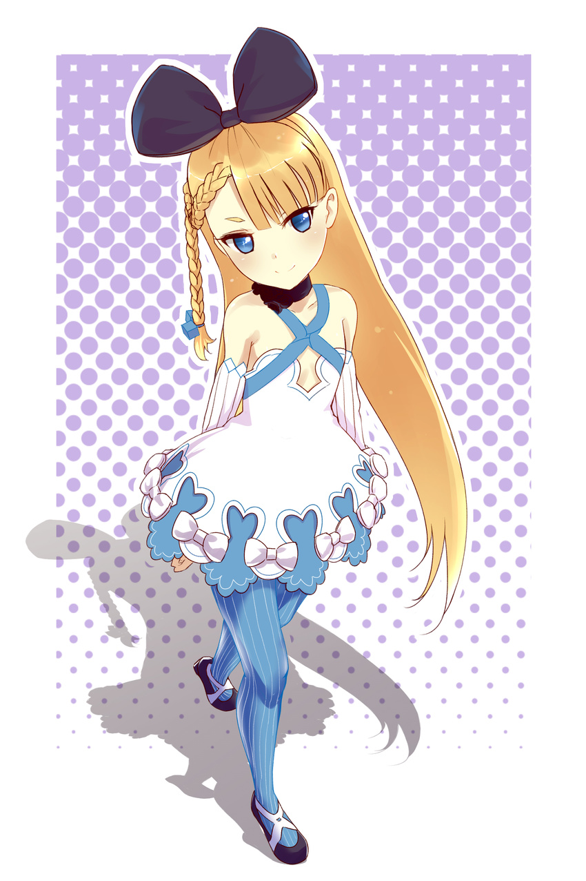 absurdres alicia_solid bad_id bad_pixiv_id blonde_hair blue_eyes blue_thighhighs blush bow braid choker dress elbow_gloves female flat_chest full_body gloves hairbow highres long_hair niconi_solid niconico photoshop_(medium) single_braid solo striped_clothes striped_thighhighs thighhighs vertical-striped_clothes vertical-striped_thighhighs very_long_hair x&x&x