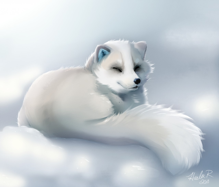 2018 arctic_fox black_nose canid canine closed_eyes digital_media_(artwork) feral fox fur mammal smile solo taykoe true_fox white_body white_fur