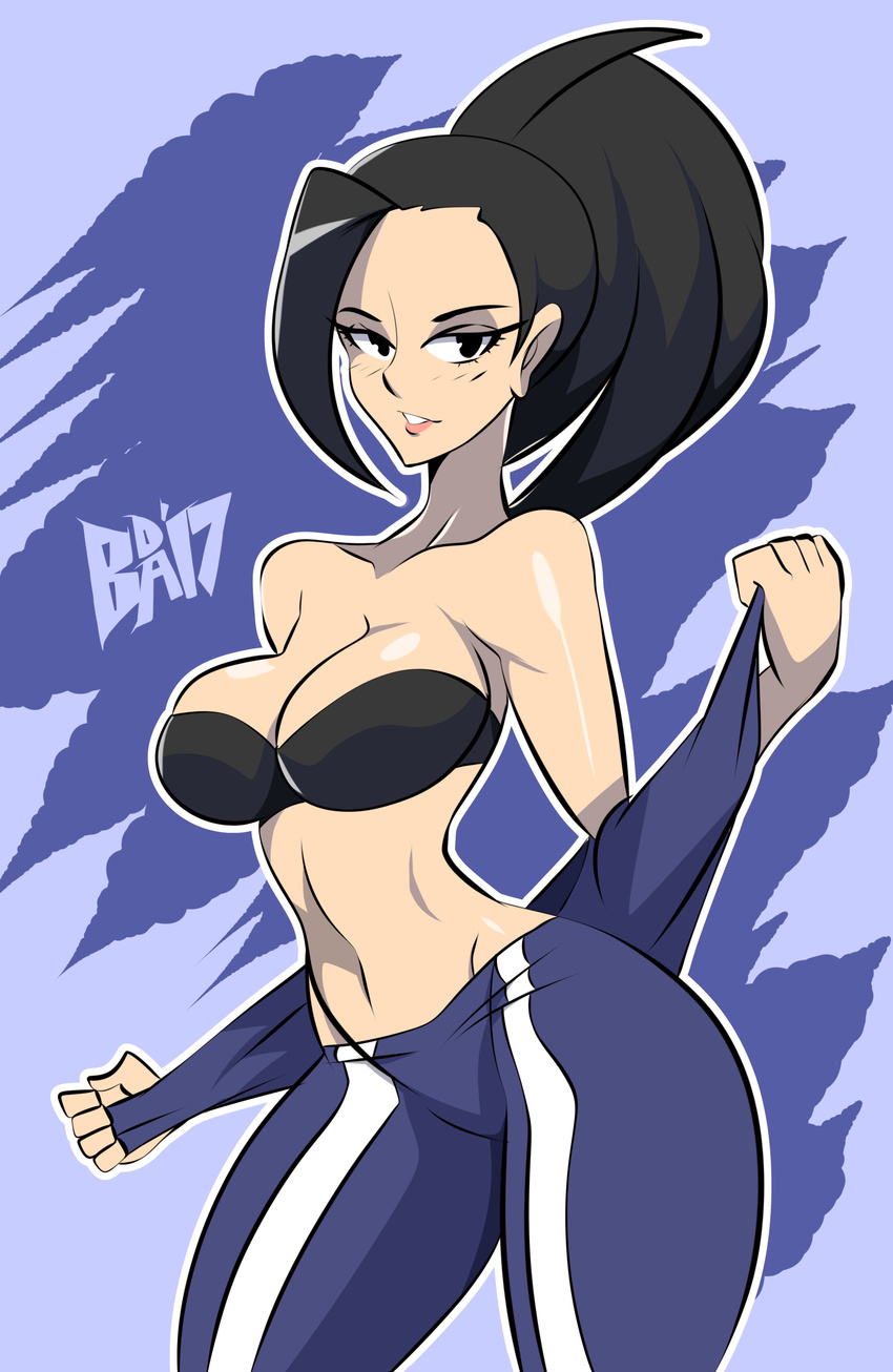 :d absurdres bare_shoulders bigdead black_eyes black_hair boku_no_hero_academia breasts cleavage female half-closed_eyes highres hip_focus jacket medium_breasts navel open_mouth pants ponytail smile solo sports_bra track_jacket track_pants u.a._gym_uniform undressing yaoyorozu_momo