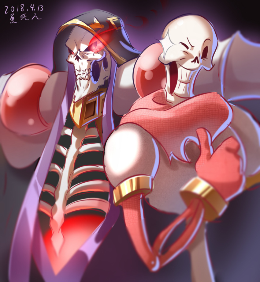 2boys ainz_ooal_gown black_cloak cloak commentary_request crossover dark_background dated gloves glowing glowing_eyes highres hood hooded_cloak looking_at_viewer male_focus multiple_boys nanquan_zhanglang one_eye_closed overlord_(maruyama) papyrus_(undertale) red_eyes red_gloves red_scarf ribs scarf skeleton standing thumbs_up trait_connection undertale upper_body