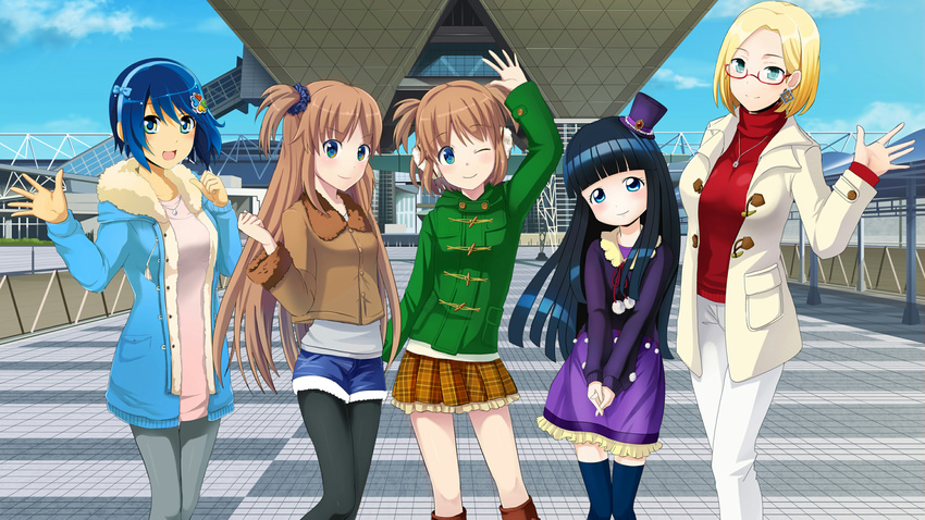 5girls aqua_eyes artist_request azumi_ruri black_hair blonde_hair blue_eyes blue_hair brown_hair claudia_madobe comiket_83 glasses hat headband highres long_hair madobe_ai madobe_nanami madobe_yuu microsoft microsoft_windows multiple_girls official_art official_wallpaper os-tan pantyhose ponytail short_hair shorts skirt thighhighs tokyo_big_sight windows_7 windows_8 windows_azure