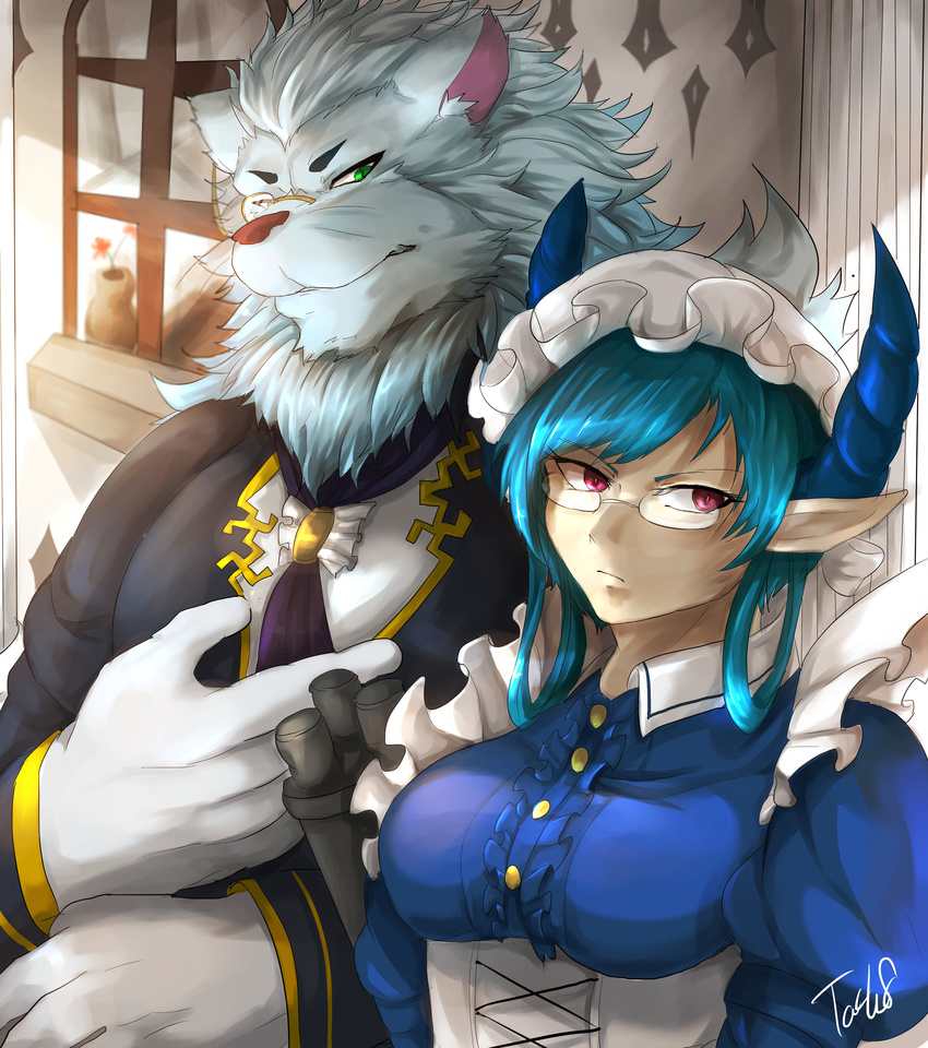 absurd_res animal_humanoid anthro blue_hair butler clothing duo eyewear felid female fur glasses green_eyes hair hi_res horn humanoid kemono lifewonders lion looking_away maid_uniform male mammal melusine_(tas) monocle pantherine red_eyes snow_(tas) tach8 tokyo_afterschool_summoners uniform unimpressed white_body white_fur