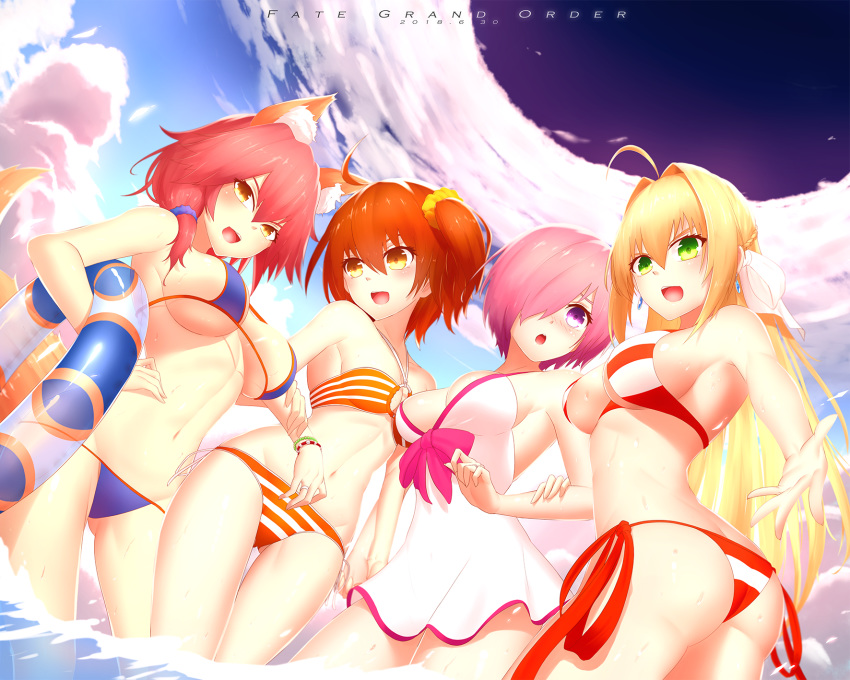 4girls \||/ ahoge animal_ears bead_bracelet beads bikini blue_bikini bracelet breasts bu_li cleavage commentary criss-cross_halter earrings fate/grand_order fate_(series) fox_ears fox_tail fujimaru_ritsuka_(female) fujimaru_ritsuka_(female)_(brilliant_summer) green_eyes hair_intakes hair_ornament hair_over_one_eye hair_scrunchie halterneck highres innertube jewelry large_breasts light_purple_hair mash_kyrielight mash_kyrielight_(swimsuit_of_perpetual_summer) medium_breasts multiple_girls nero_claudius_(fate) nero_claudius_(swimsuit_caster)_(fate) official_alternate_costume open_mouth orange_eyes orange_hair pink_hair purple_eyes red_bikini scrunchie short_hair side-tie_bikini_bottom side_ponytail striped_bikini striped_clothes swim_ring swimsuit tail tamamo_(fate) tamamo_no_mae_(swimsuit_lancer)_(fate) twintails yellow_eyes yellow_scrunchie