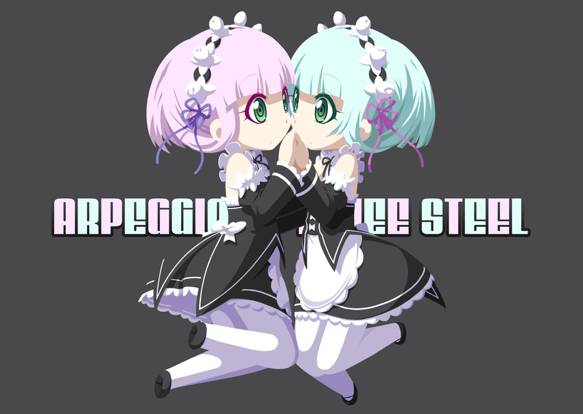 2girls aoki_hagane_no_arpeggio apron bad_id bad_pixiv_id black_dress blue_hair copyright_name cosplay detached_sleeves dress green_eyes green_hair grey_background hair_ornament hair_over_one_eye hairband i-400_(aoki_hagane_no_arpeggio) i-402_(aoki_hagane_no_arpeggio) kamo_3 long_hair look-alike maid maid_headdress multiple_girls pink_hair purple_hair ram_(re:zero) ram_(re:zero)_(cosplay) re:zero_kara_hajimeru_isekai_seikatsu rem_(re:zero) rem_(re:zero)_(cosplay) ribbon roswaal_mansion_maid_uniform short_hair siblings simple_background sisters symmetry trait_connection twins white_apron