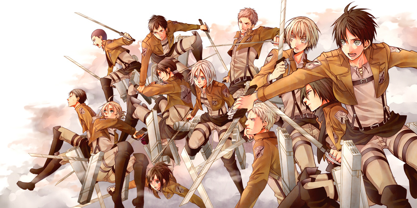 5girls 6+boys annie_leonhart armin_arlert bad_id bad_pixiv_id bertolt_hoover commentary_request connie_springer emblem eren_yeager group_picture group_profile jean_kirstein krista_lenz lineup marco_bott mikasa_ackerman multiple_boys multiple_girls nekoshiro paradis_military_uniform profile reiner_braun sasha_blouse shingeki_no_kyojin sword three-dimensional_maneuver_gear training_corps_(emblem) weapon ymir_(shingeki_no_kyojin)