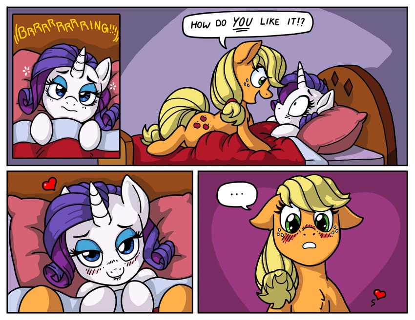 applejack_(mlp) bed blonde_hair blush border duo earth_pony ellipsis equid equine female feral freckles friendship_is_magic furniture hair hasbro heart_symbol hi_res horn horse latecustomer lying mammal my_little_pony mythological_creature mythological_equine mythology pony purple_hair rarity_(mlp) unicorn white_border