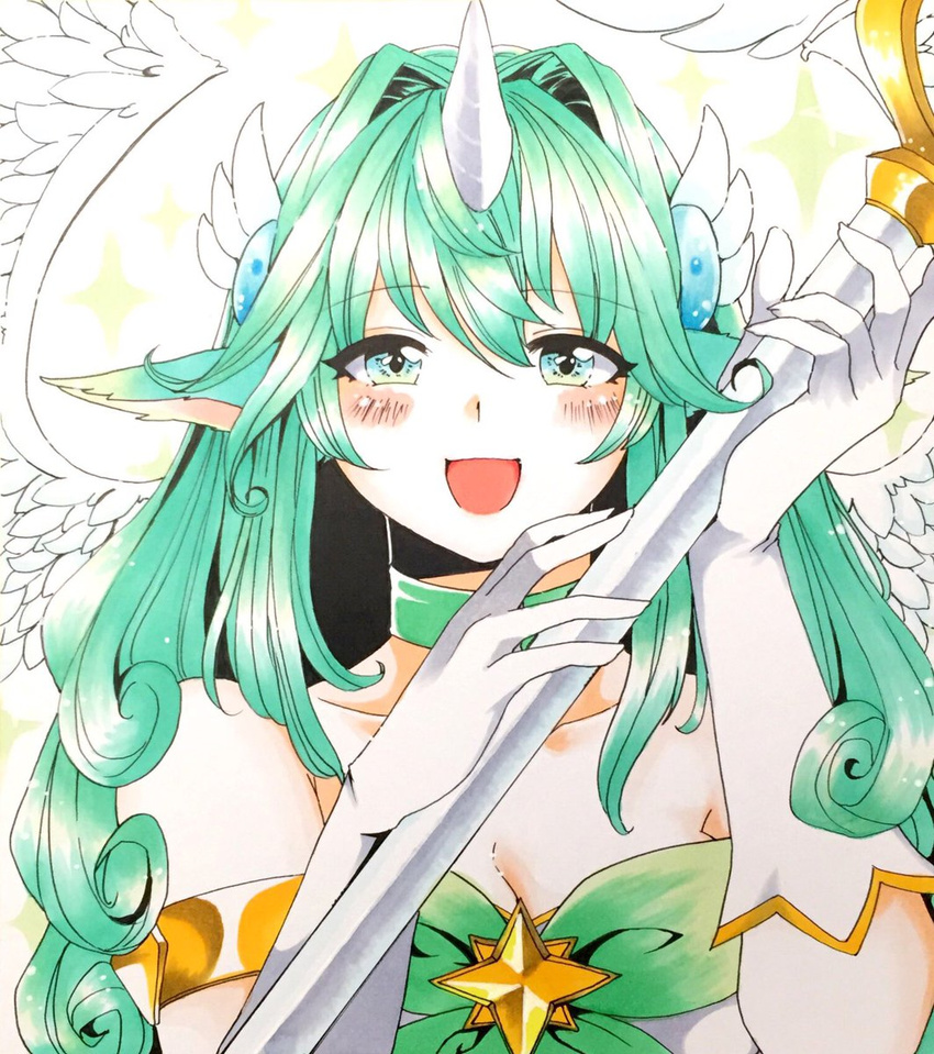 alternate_costume animal_ears bare_shoulders blush female gloves green_eyes green_hair horn league_of_legends long_hair otani_(kota12ro08) solo soraka staff star_guardian_soraka very_long_hair white_gloves