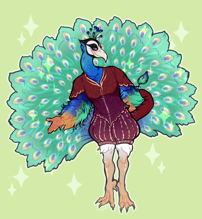 avian bird blue_body blue_feathers feathers femboy galliform half-closed_eyes hi_res male medieval narrowed_eyes peafowl phasianid puffy_pants solo sparkles szaris