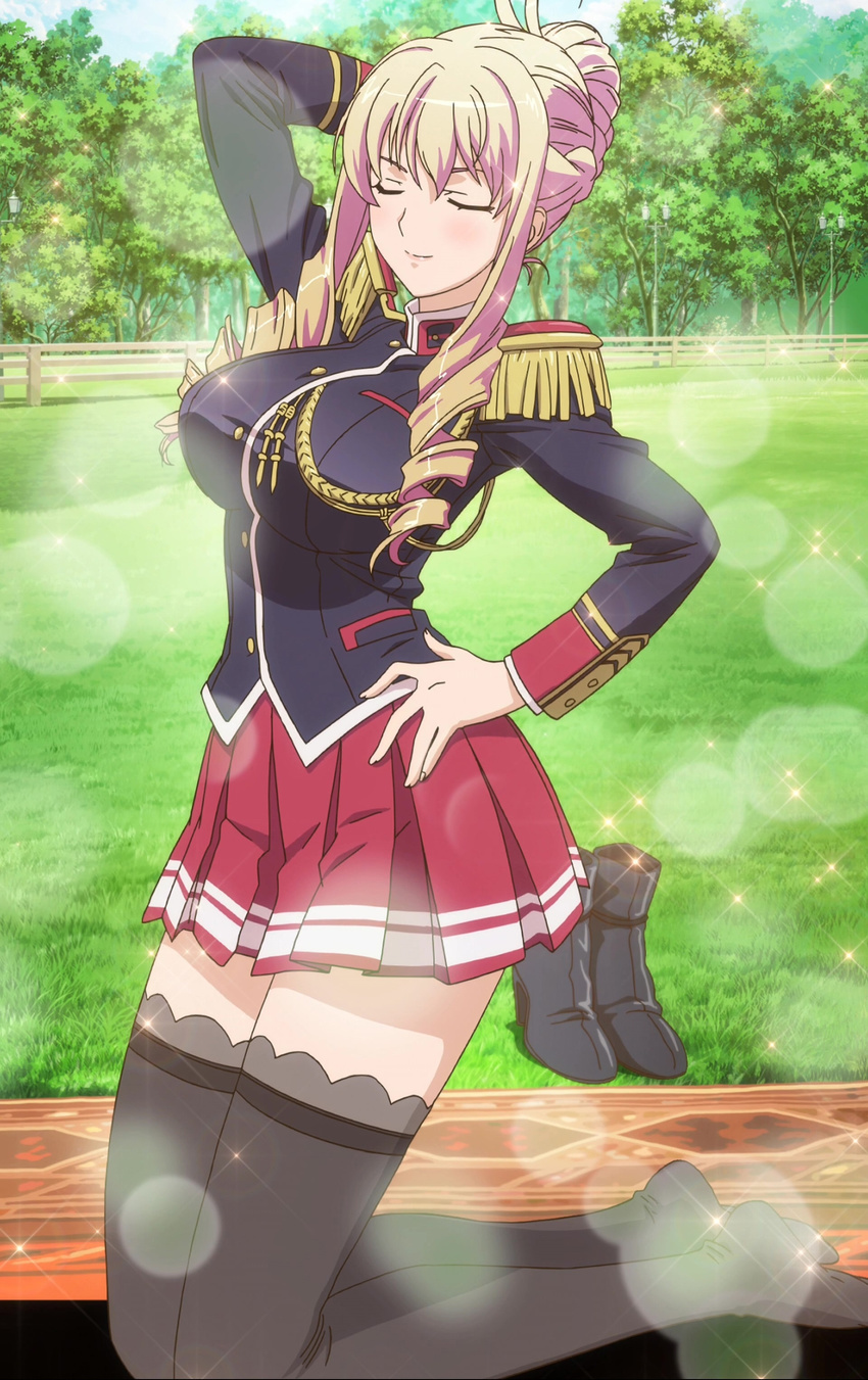 bertille_althusser black_legwear blonde_hair boots breasts closed_eyes female highres large_breasts long_hair no_shoes school_uniform screencap skirt smile stitched thighhighs walkure_romanze