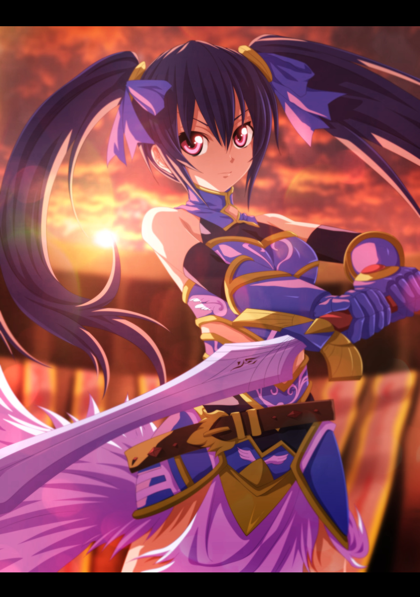 armor bare_shoulders belt black_hair choujigen_game_neptune derivative_work female gloves highres neptune_(series) noire planeptune red_eyes solo sunset sword twintails weapon