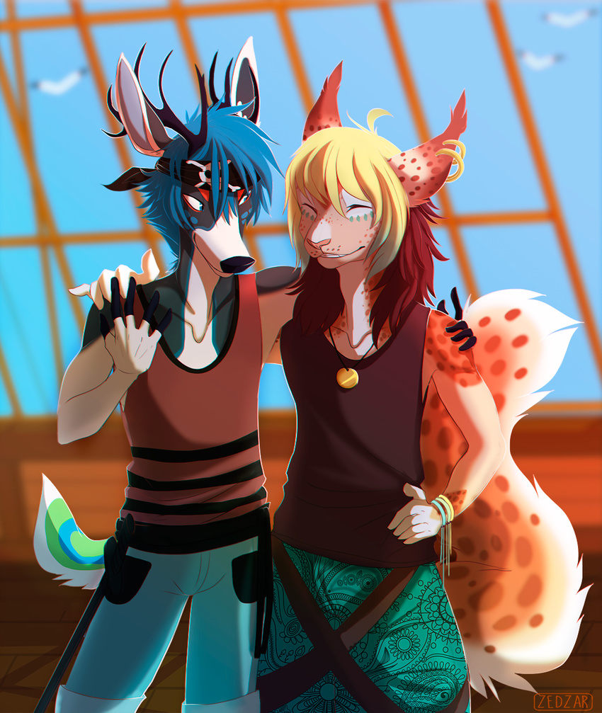 anthro antlers closed_eyes clothed clothing deer duo ear_piercing felid feline femboy hi_res horn lynx male mammal outside piercing ship smile standing teeth vehicle watercraft zedzar