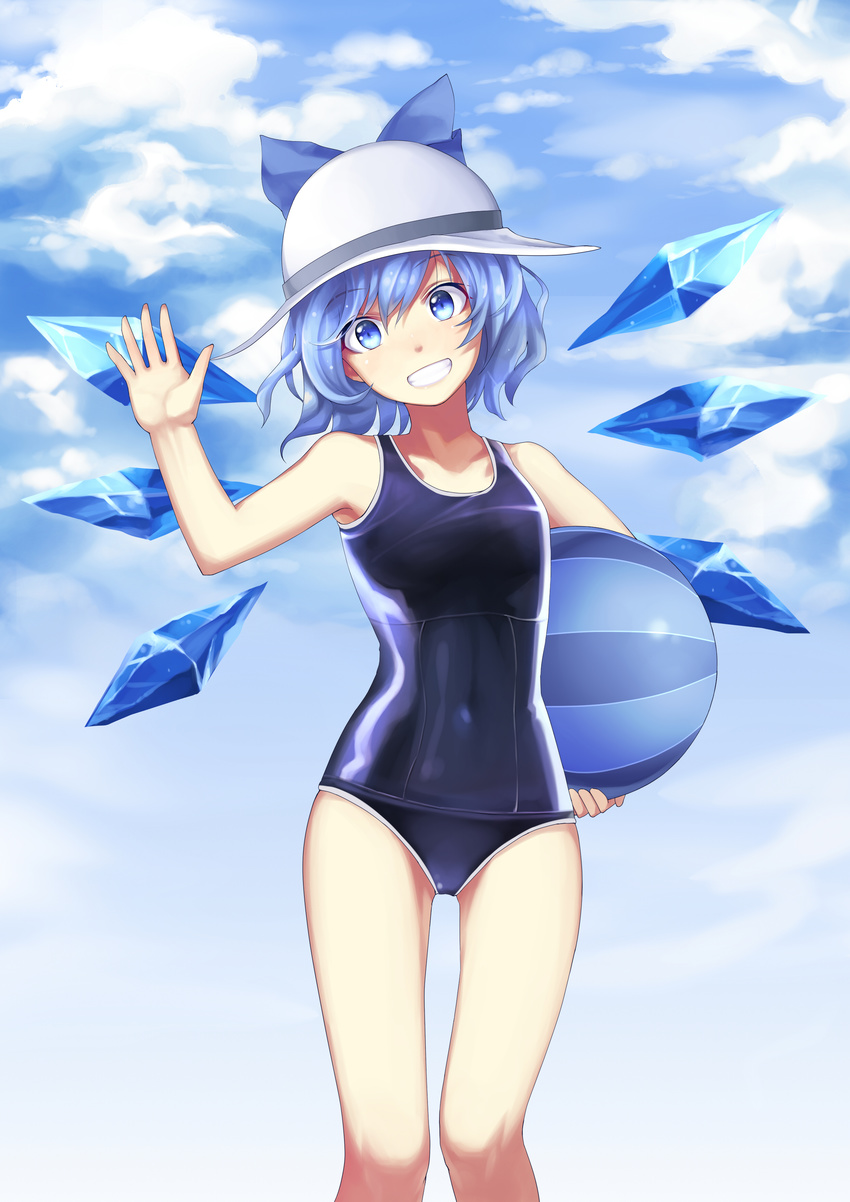 absurdres ball beachball blue_bow blue_eyes blue_hair blue_wings blush bow cirno commentary female hairbow hat highres holding holding_ball ice ice_wings looking_at_viewer mulu one-piece_swimsuit parted_lips school_swimsuit smile solo swimsuit teeth touhou white_hat wings