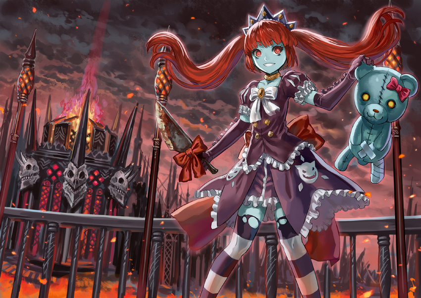 blank_eyes blue_skin cloud colored_skin core_masters crown dark_clouds elbow_gloves female fire gloves gothic_lolita grin jewelry knife lolita_fashion long_hair neck_ring photoshop_(medium) ran'ou_(tamago_no_kimi) red_eyes red_hair ribbon rinne_(core_masters) smile solo striped_clothes striped_thighhighs stuffed_animal stuffed_toy teddy_bear thighhighs torn_clothes torn_thighhighs twintails