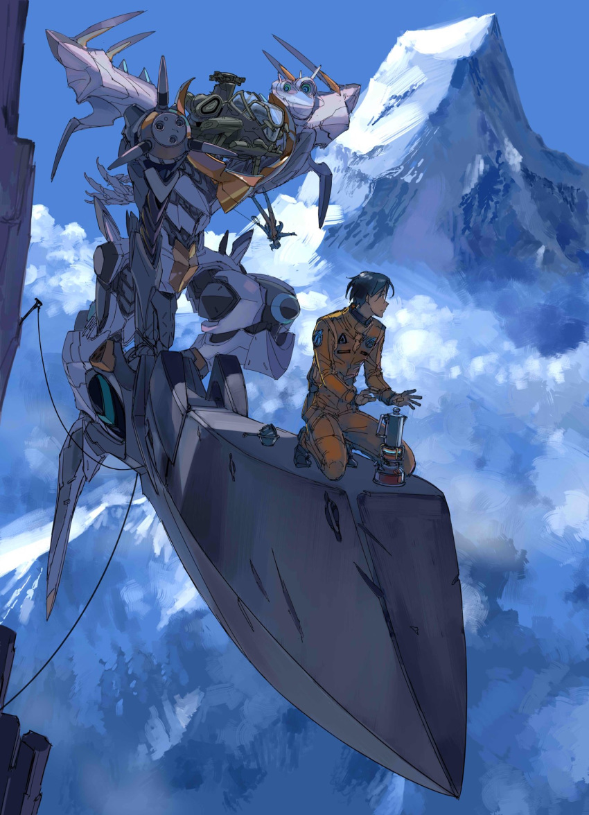 1boy backpacking_stove cloud commentary_request copyright_request cup female highres iconic_field kettle mecha mountain mug portable_stove robot rope science_fiction stake yamashita_ikuto