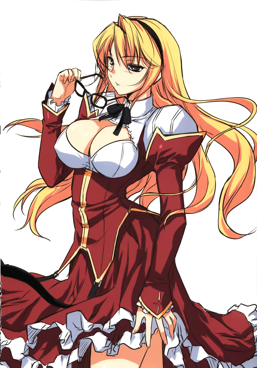 absurdres black_eyes blonde_hair breasts cleavage female freezing_(series) glasses hairband highres large_breasts legs long_hair looking_away satellizer_el_bridget serious simple_background solo soo-hyon_lee standing thighs white_background