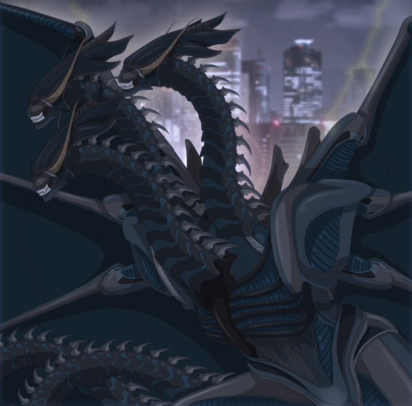 absurdres alien alien_(movie) arrancarfighter city crossover dragon dragon_wings electricity fangs godzilla_(series) highres horns kaijuu king_ghidorah monster multiple_heads no_eyes no_humans science_fiction solo teeth wings xenomorph