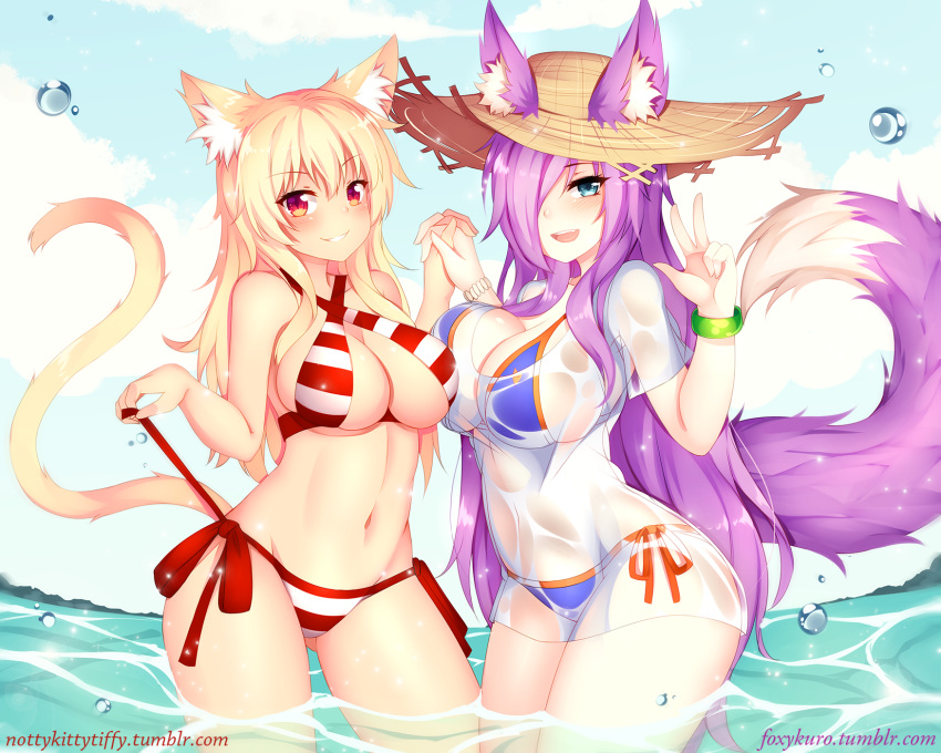 2girls animal_ear_fluff animal_ears ass_visible_through_thighs bikini blonde_hair blue_bikini blue_eyes blue_sky blush bracelet breasts cat_ears cat_tail cleavage cloud collaboration commentary cosplay cowboy_shot criss-cross_halter day english_commentary fate/grand_order fate_(series) fox_ears fox_tail foxykuro hair_over_one_eye halterneck hat highres holding_hands jewelry kurona_reole large_breasts long_hair looking_at_viewer multiple_girls navel nero_claudius_(fate) nero_claudius_(swimsuit_caster)_(fate) nero_claudius_(swimsuit_caster)_(fate)_(cosplay) nottytiffy open_mouth original outdoors purple_hair red_eyes see-through shirt side-tie_bikini_bottom sky slit_pupils smile standing straw_hat striped_bikini striped_clothes swimsuit t-shirt tail tamamo_(fate) tamamo_no_mae_(swimsuit_lancer)_(fate) tamamo_no_mae_(swimsuit_lancer)_(fate)_(cosplay) tamamo_no_mae_(swimsuit_lancer)_(second_ascension)_(fate) tiffy_(nottytiffy) v wading water watermark web_address