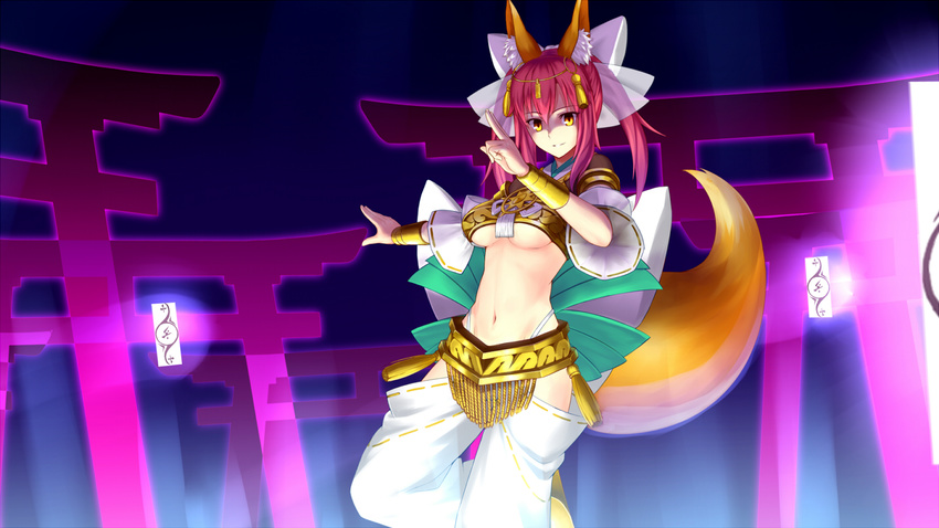 alternate_costume amaterasu_(fate) animal_ears bow breasts cleavage commentary_request detached_sleeves fate/extra fate/extra_ccc fate_(series) female fox_ears fox_tail hair_ribbon hairbow kotera_ryou medium_breasts official_alternate_costume pink_hair ribbon solo tail tamamo_(fate) tamamo_no_mae_(fate/extra) thighhighs torii twintails underboob yellow_eyes