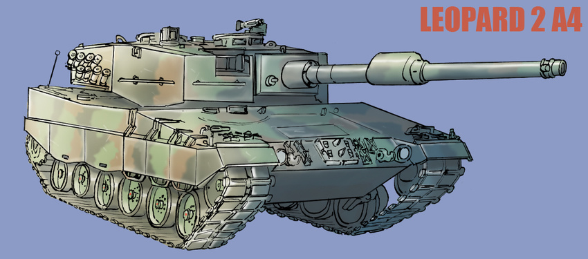 bad_id bad_pixiv_id blue_background cannon caterpillar_tracks character_name earasensha leopard_2 military military_vehicle motor_vehicle no_humans original photoshop_(medium) simple_background tank vehicle_focus