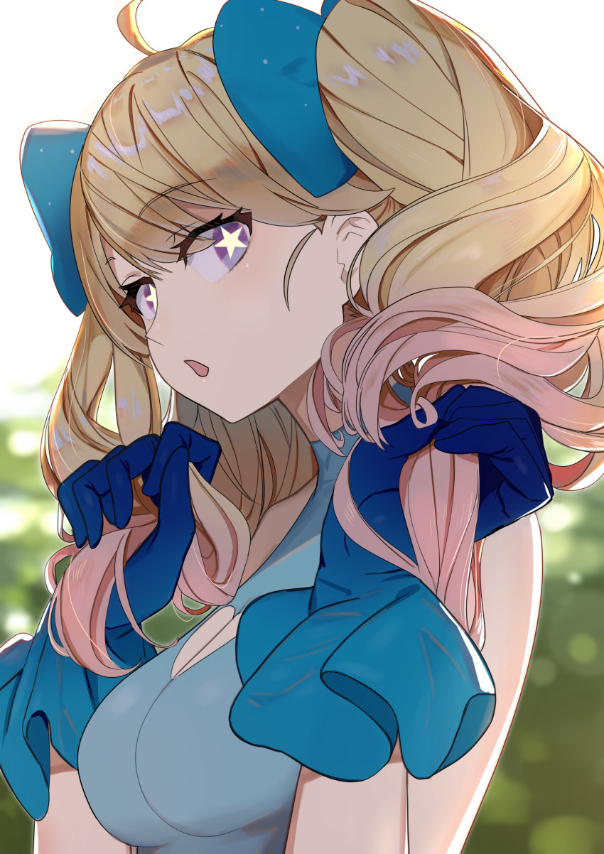 ahoge bare_shoulders blonde_hair blue_bow blue_gloves bow breasts cleavage_cutout clothing_cutout commentary_request female gloves hairbow heart_cutout highres holding holding_own_hair hoshizaki_tia long_hair looking_at_viewer mahou_shoujo_chia_chia_channel medium_breasts momosuke_(ishakry) open_mouth purple_eyes solo star-shaped_pupils star_(symbol) symbol-shaped_pupils upper_body virtual_youtuber