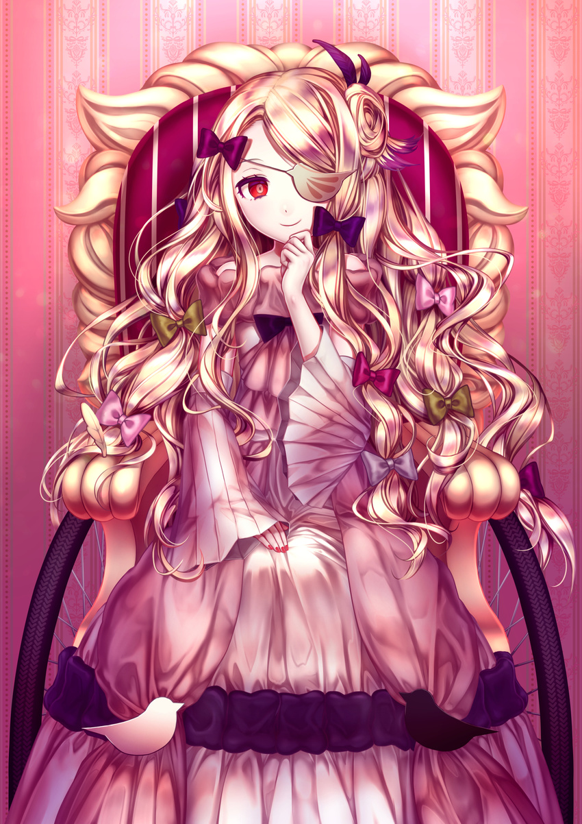 blonde_hair bow closed_mouth commentary_request daisan_oujo detached_sleeves dress eyepatch female green_bow hairbow highres long_hair long_sleeves mahou_shoujo_ikusei_keikaku mahou_shoujo_ikusei_keikaku_restart nail_polish pfle pink_background pink_bow purple_bow red_bow red_eyes red_nails sitting sleeves_past_wrists smile solo very_long_hair wavy_hair wheelchair