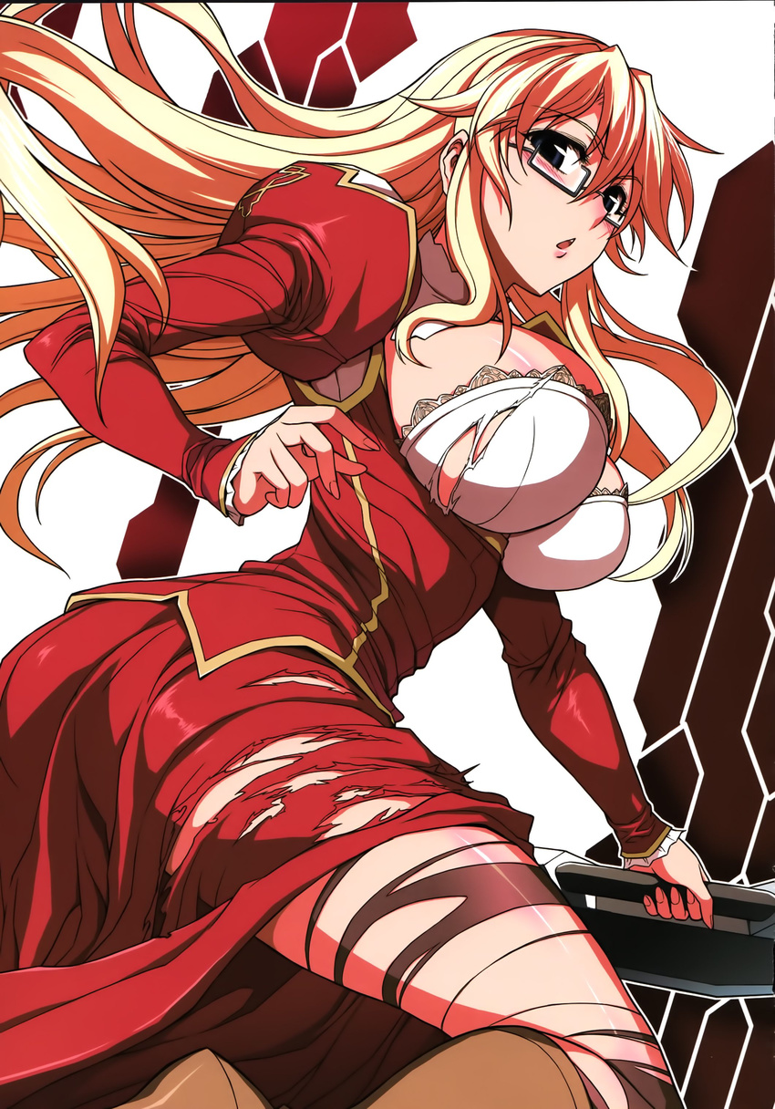 absurdres black_eyes blonde_hair blush boots breasts cleavage female freezing_(series) glasses highres huge_breasts legs long_hair looking_at_viewer open_mouth pantyhose satellizer_el_bridget simple_background solo soo-hyon_lee standing sword thighs torn_clothes torn_pantyhose weapon