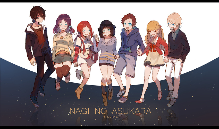 3boys 4girls akaneu bad_id bad_pixiv_id black_hair blue_eyes blue_hair brown_eyes brown_hair capelet closed_eyes hair_rings half_updo hiradaira_chisaki hisanuma_sayu hood hoodie isaki_kaname jumping kihara_tsumugu long_hair mukaido_manaka multiple_boys multiple_girls nagi_no_asukara photoshop_(medium) sakishima_hikari shiodome_miuna short_hair thighhighs twintails