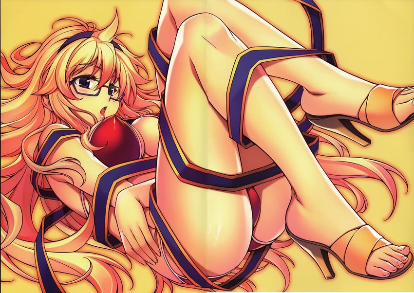 absurdres ass bikini black_eyes blonde_hair blush breasts feet female freezing_(series) glasses hairband high_heels highres large_breasts legs long_hair looking_down open_mouth open_shoes sandals satellizer_el_bridget simple_background solo soo-hyon_lee swimsuit thighs toes yellow_background