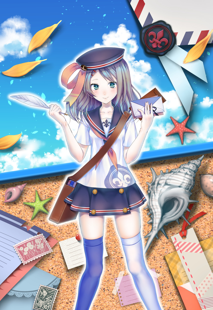 :> asymmetrical_legwear bag blue_eyes blue_hair blue_hat blue_skirt blue_thighhighs blush bookmark bulletin_board closed_mouth cloud collarbone commentary_request conch daisan_oujo day female fleur-de-lis fleur-de-lis_print hair_ornament hairclip hat head_tilt highres holding holding_letter letter long_hair looking_at_viewer mismatched_legwear original outline pleated_skirt postage_stamp pushpin quill sailor_collar seashell shell shirt short_sleeves skirt sky smile solo standing swept_bangs thighhighs white_legwear white_shirt