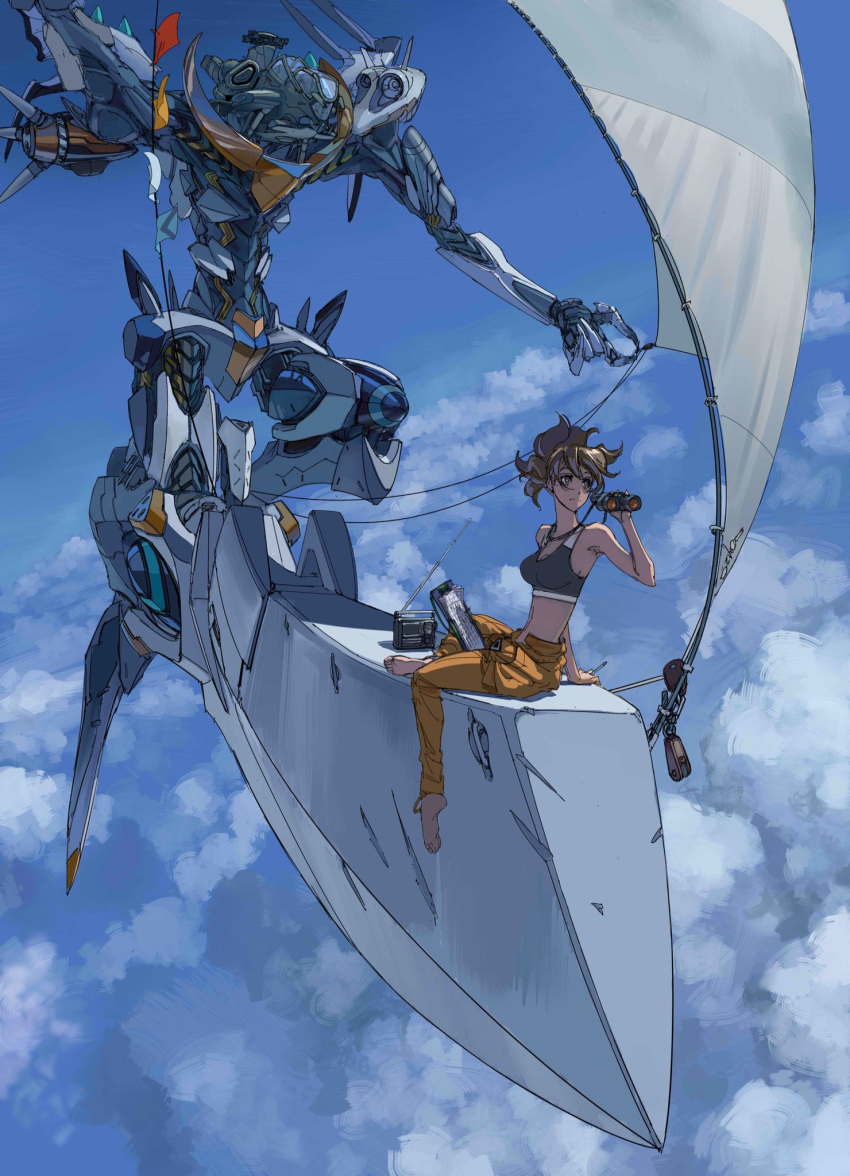 arm_support barefoot binoculars blue_background blue_sky breasts brown_eyes brown_hair clipboard cloud cloudy_sky commentary_request copyright_request day female hand_up highres iconic_field looking_afar mecha medium_breasts messy_hair midriff orange_pants pants radio robot sail science_fiction short_hair sitting sky solo string_of_flags wind yamashita_ikuto