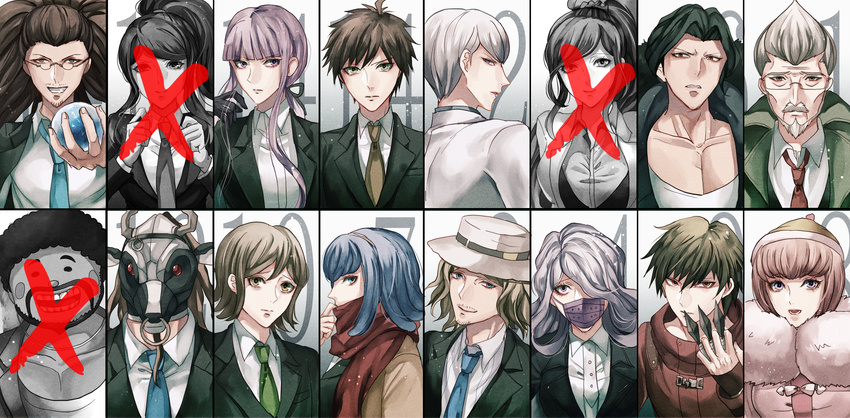 6+boys 6+girls ahoge ando_ruruka annotated asahina_aoi bandai_daisaku black_gloves black_ribbon blonde_hair blue_eyes blue_hair blush_stickers brown_eyes brown_hair cow_mask crystal_ball danganronpa_(series) danganronpa_3_(anime) dreadlocks everyone formal fur-trimmed_jacket fur_trim gekkogahara_miaya glasses gloves great_gozu green_eyes grey_eyes grey_hair hagakure_yasuhiro hair_over_one_eye hair_ribbon hat highres izayoi_sounosuke jacket kimura_seiko kirigiri_kyoko kizakura_kouichi lab_coat long_hair looking_at_viewer mask mitarai_ryota mouth_mask multiple_boys multiple_girls munakata_kyousuke naegi_makoto necktie non-web_source pink_hair ponytail purple_eyes purple_hair red_eyes ribbon sakakura_juuzou scarf scrunchie short_hair smile spoilers suit surgical_mask tengan_kazuo white_hair yukizome_chisa z-epto_(chat-noir86)