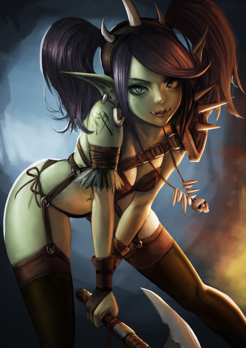 1girls axe black_hair bra clothes clothing female female_only green_eyes green_skin jungon_kim long_hair orc orc_female solo stockings thighhighs