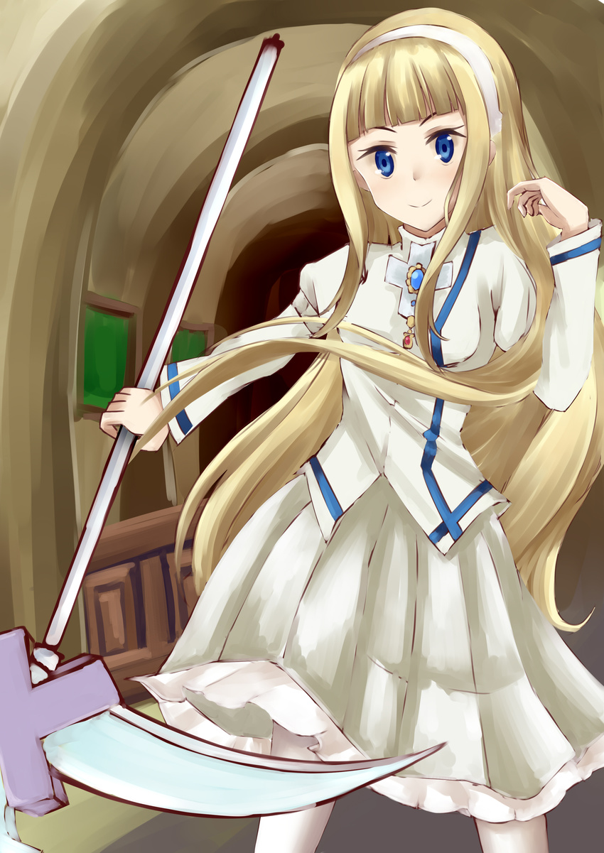 absurdres anya_hepburn blonde_hair blue_eyes commentary_request dress female halberd harudori_tsugumi harudori_tsugumi_(weapon) headband highres jewelry nikitan_(niki) pantyhose polearm skirt solo soul_eater soul_eater_not! weapon