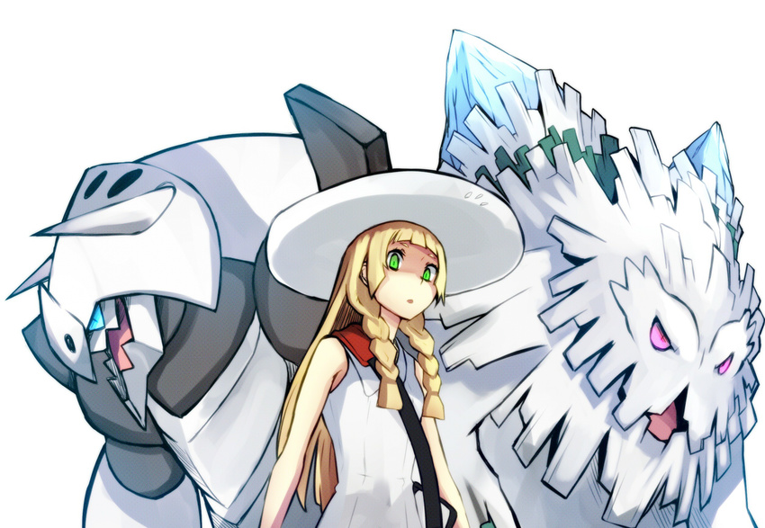 abomasnow aggron bad_id bad_pixiv_id bag blonde_hair dress fardin female green_eyes hat lillie_(pokemon) long_hair mega_abomasnow mega_aggron mega_pokemon open_mouth pokemon pokemon_(creature) pokemon_sm shoulder_bag standing sun_hat white_dress white_hat