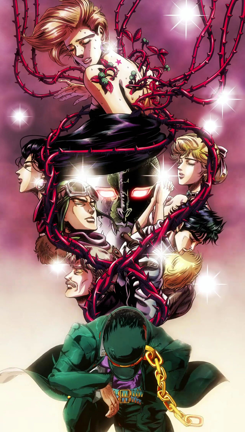 3girls 5boys anime_screenshot artist_request belt birthmark capelet chains choker dio_brando earrings erina_pendleton flower george_joestar george_joestar_ii gradient_background hat highres jacket jewelry joestar_birthmark jojo_no_kimyou_na_bouken jonathan_joestar kujo_holy kujo_jotaro lisa_lisa long_sleeves multiple_boys multiple_girls non-web_source official_art pants phantom_blood purple_shirt red_background rose school_uniform shirt short_hair simple_background spiked_hair stand_(jojo) stardust_crusaders stone_mask_(jojo) string uniform yellow_background