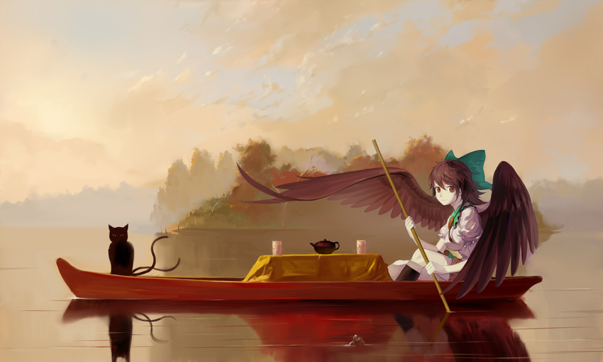 bad_id bad_pixiv_id black_hair black_socks black_wings boat bow breasts cloud commentary_request cup feline female fine_art_parody fur_traders_descending_the_missouri green_bow hairbow highres kaenbyou_rin kaenbyou_rin_(cat) keli_bang kneehighs long_hair looking_at_viewer medium_breasts multiple_tails oar outdoors parody red_eyes reiuji_utsuho sky socks tail teapot touhou water watercraft wings