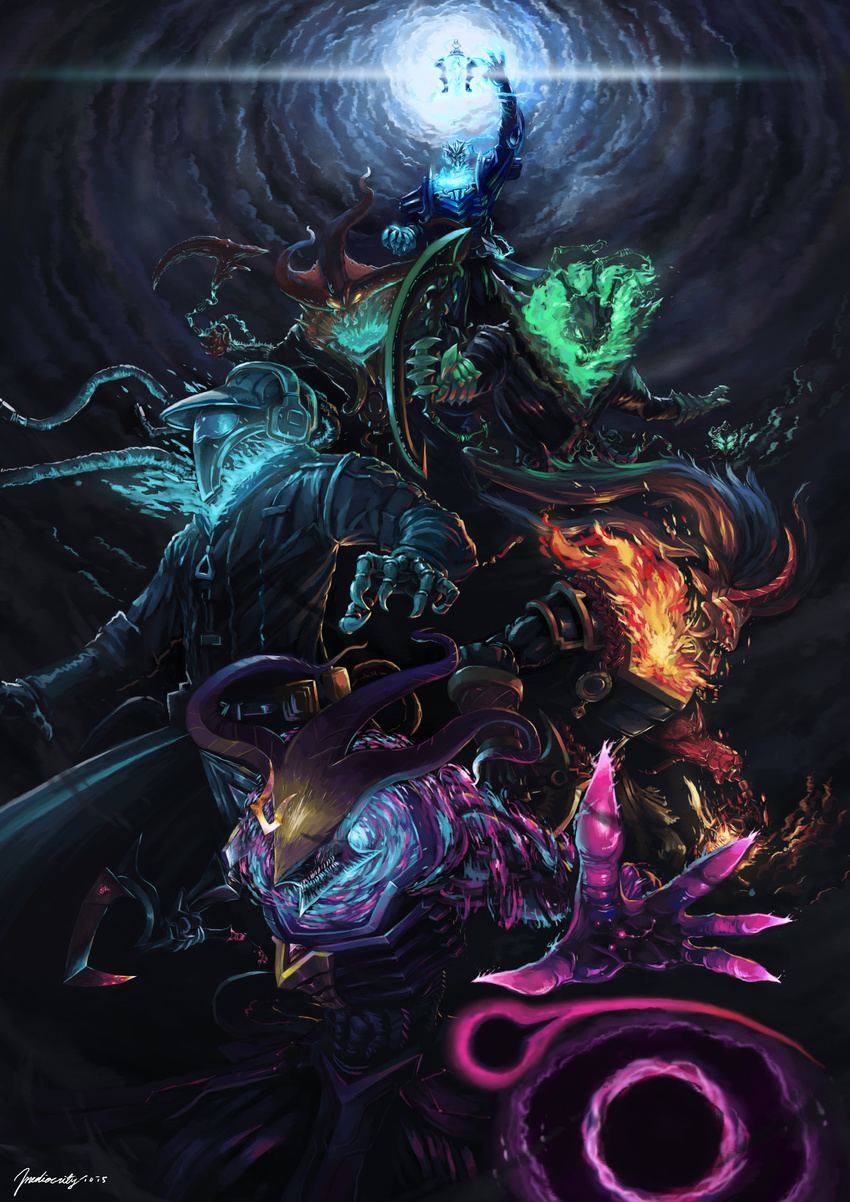 absurdres arm_up artist_name backlighting blood_moon_(league_of_legends) blood_moon_thresh blue_fire championship_thresh claws commentary_request dark_star_thresh deep_terror_thresh fire glowing green_eyes green_fire headphones helmet highres horns lantern league_of_legends long_sleeves mask mediocrity1015 monster multiple_persona no_humans outstretched_arm photoshop_(medium) red_eyes scar sharp_teeth sickle ssw_thresh teeth thresh_(league_of_legends) uniform weapon yellow_eyes zipper