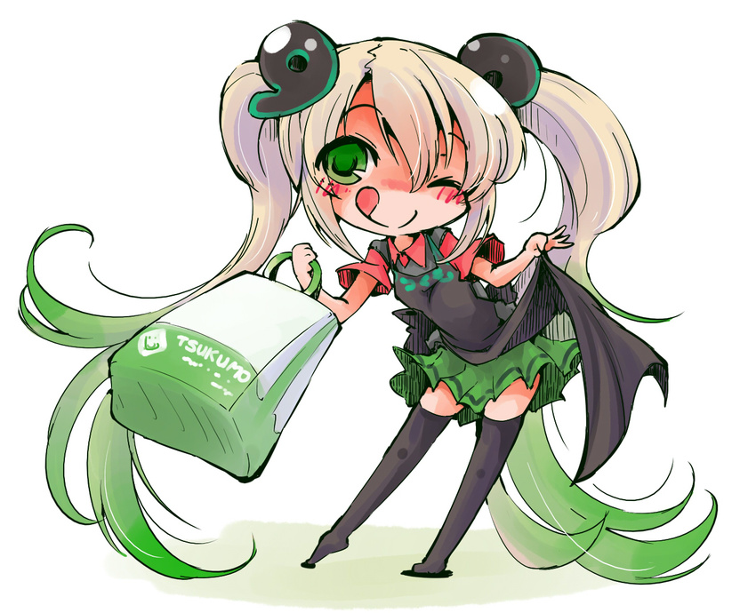 :p blonde_hair blush commentary_request employee_uniform female green_eyes hair_ornament long_hair one_eye_closed original shinapuu skirt smile solo thighhighs tongue tongue_out tsukumo-tan twintails uniform